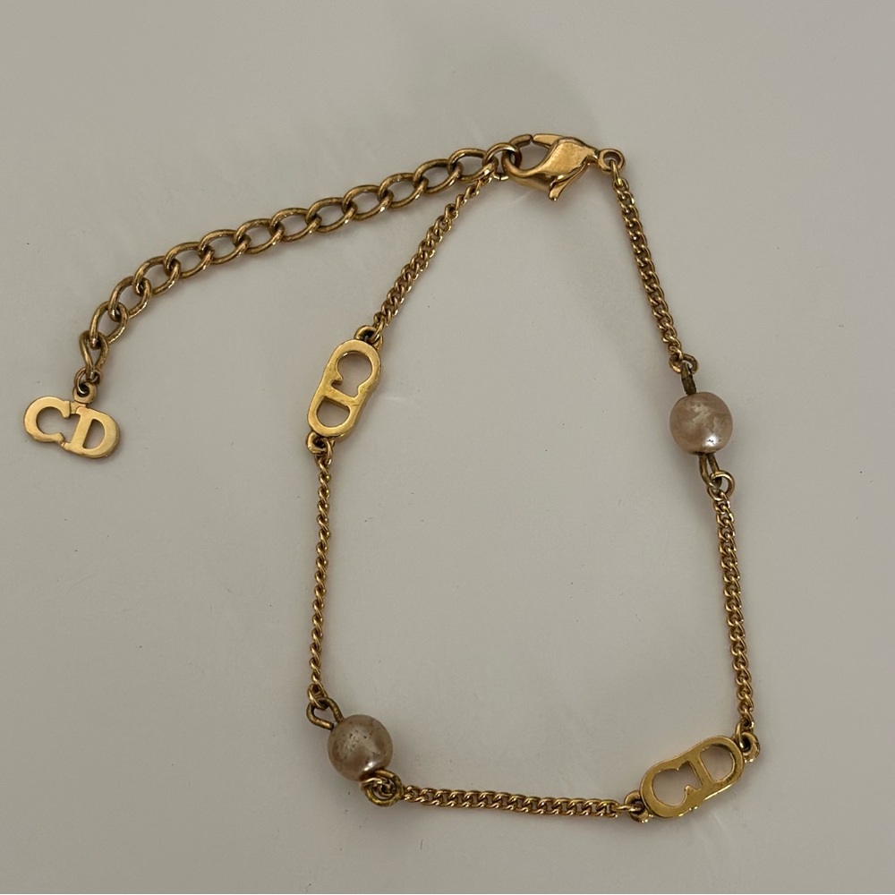 Authentic Christian Dior Gold Chain Bracelet with Logo Charms